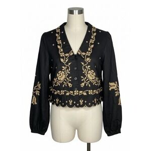 Women's Mable‎ linen blend Cropped Size S Black Scalloped Hem Buttons Feminine